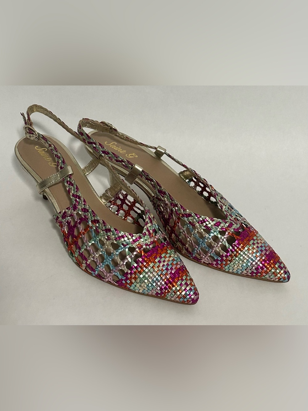 Saint & G Multicolor Woven Slingback Heels Size 40 | Metallic Silver Kitten Heel